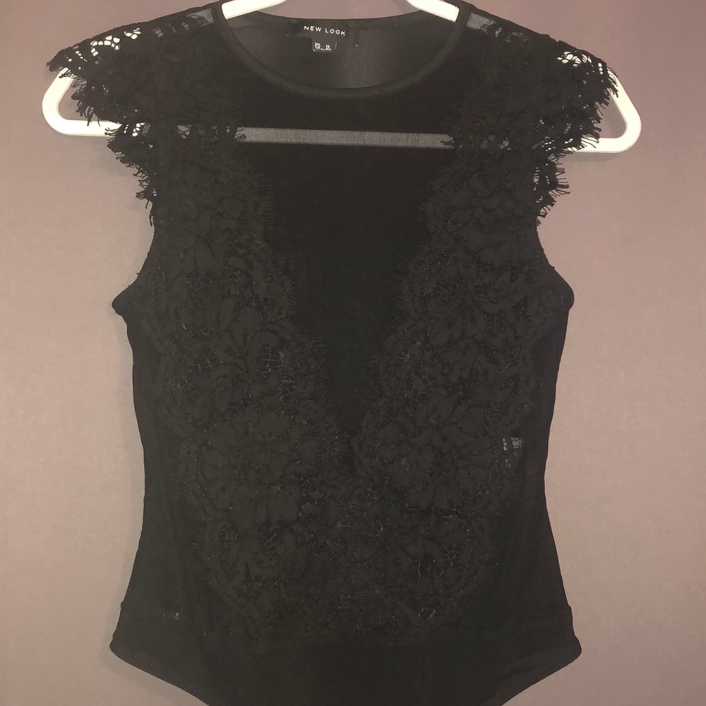 NEW LOOK BLACK MESH LACE BODYSUIT SIZE 8